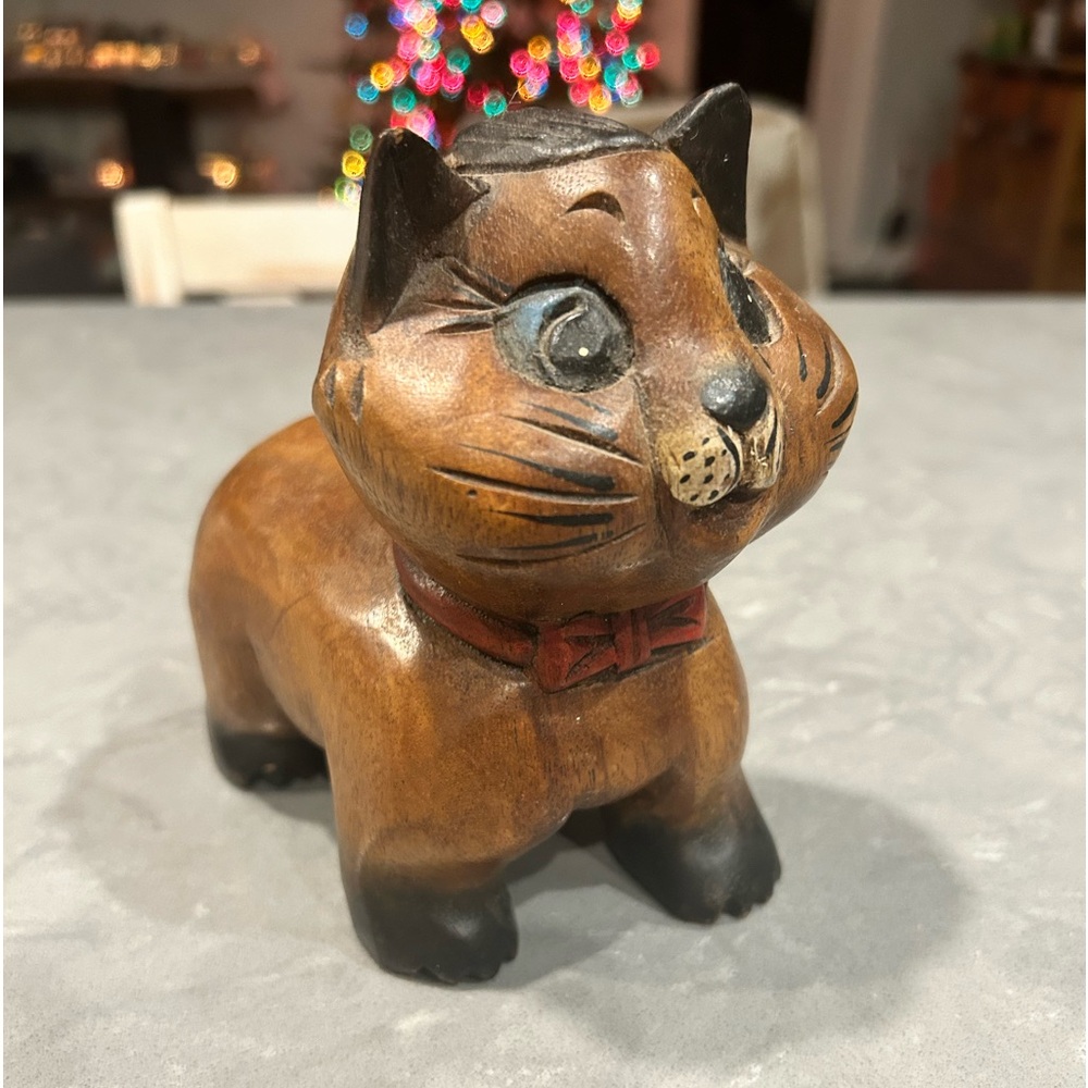 Hand-Carved Wooden Cat Weirdo Figurine Statue Hand Painted Blue Eyes Red Bow